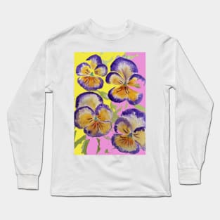 Viola Watercolor Purple Floral Pattern on Yellow and Pink Long Sleeve T-Shirt